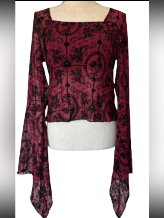 Source Unknown Tops - Whimsigoth Red Black Velvet Burnout Mesh Long Bell Sleeve Crop Top Goth Grunge